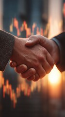 Business Partners Shaking Hands with Abstract Financial Background at Sunset