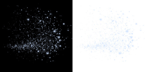 Sparkling starry overlay with luminous particles on black and white backgrounds, creating a magical atmosphere for design projects and creative compositions