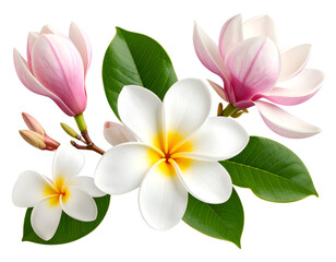 Fototapeta premium A vibrant arrangement of tropical flowers showcasing delicate petals and lush green leaves in harmony.