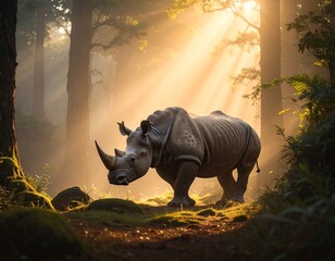 Majestic rhino in a sunlit forest