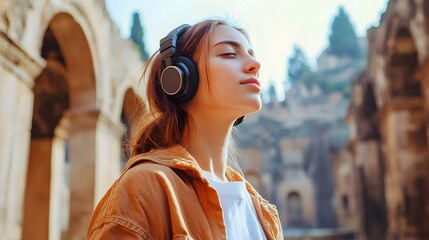 Obraz premium Find serenity: girl with headphones enjoying music in ancient ruins for travel and relaxation vibes