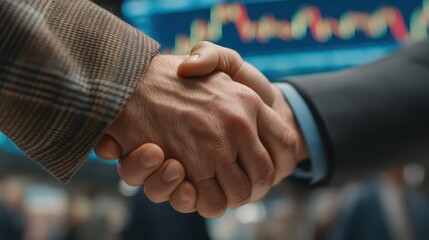 Business Partnership Handshake in Modern Office with Financial Background