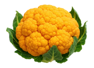 Vibrant orange cauliflower head with green leaves.
