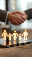 Business Partnership Concept with Family Figures and Handshake on Digital Tablet