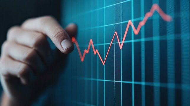 A close-up of a hand pointing at a fluctuating red graph on a digital screen, symbolizing analysis and tracking of data or financial trends. - Powered by Adobe