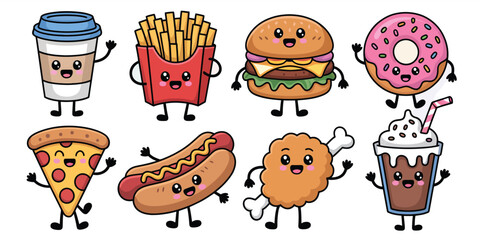 Street Food and Meal Mascot Vector Se,  Flat Drawn Characters Isolated on White, Perfect for Branding, Packaging Design, Advertising, Restaurant Projects, and Fun Creative Illustrations