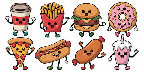 Fast Food Mascot Set,  Illustrated Meal and Street Food Characters in Flat Style, Isolated on White, Ideal for Branding, Packaging, Menu Design, Advertising, and Digital Projects
