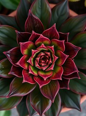 Vibrant Foliage: A close-up perspective unveils the exquisite detail of a captivating succulent, where intricate layers of rich red and verdant green create a mesmerizing botanical display.