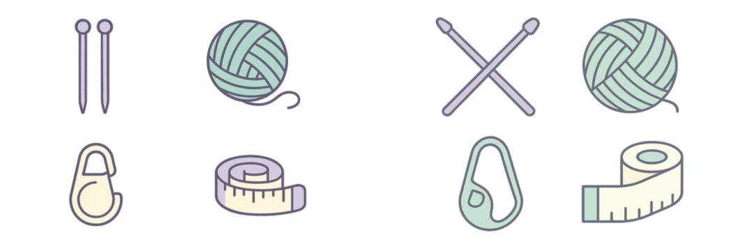 Knitting and crafting tools displayed with yarn and measuring tape in a clean, minimalistic layout