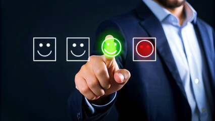 Businessman selects positive customer feedback with glowing green smiley face on digital screen, rating satisfaction