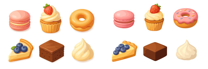 Colorful assortment of sweet desserts on a white background ideal for any celebration or bakery display