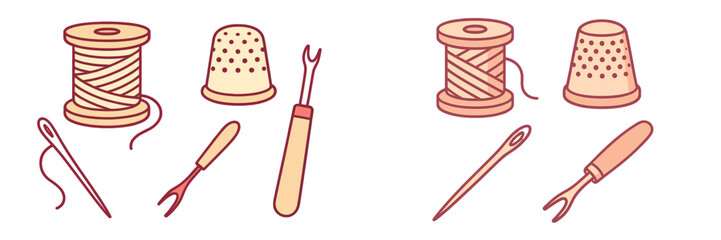 Crafting tools for sewing and embroidery including spools, thimbles, and needles in a simple layout