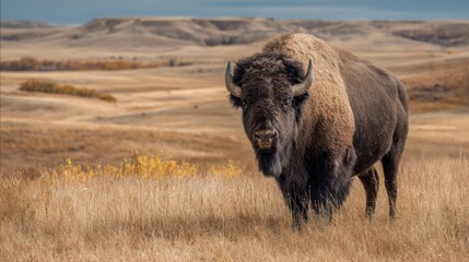 Majestic Bison Grazing in Theodore Roosevelt National Park.