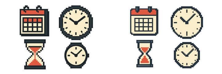 Different types of clocks and calendars shown in a retro pixel art style illustrating time management concepts