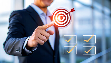 Determined businessman achieving goals by touching target with arrow and checking off tasks on digital interface for success