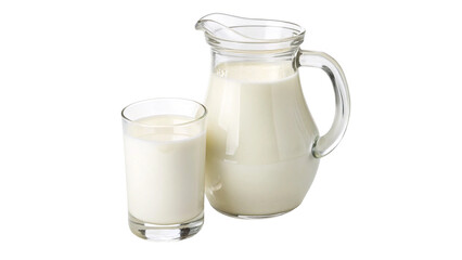 Fresh milk served in a glass and pitcher on a simple table setting in a cozy kitchen a transparent background