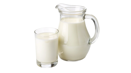 Fresh milk served in a glass and pitcher on a simple table setting in a cozy kitchen a transparent background