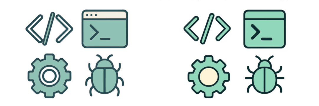 Icons representing coding and debugging process in software development and programming tasks