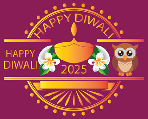 Happy Diwali 2025 festive greeting card design. Colorful Happy Diwali 2025 greeting card with traditional oil lamp, flowers, owl, and festive decorative elements on dark background. EPS 10/ AI