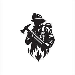 Firefighter Silhouette with Axe and Flames.