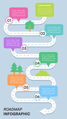 Colorful Roadmap Infographic With Six Steps Labels Trees And Milestone Pointers On Blue Background Vector