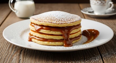 Delicious stack of pancakes with caramel sauce and powdered sugar.