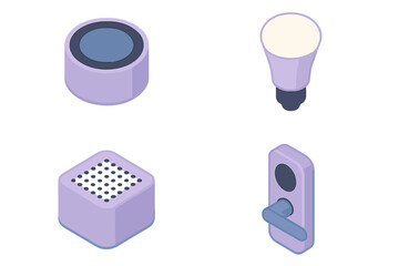 Different smart home devices shown in purple color including a speaker, light bulb, sound box, and door lock