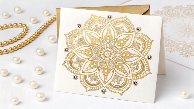 Elegant gold mandala design on a white card with pearl embellishments - Powered by Adobe