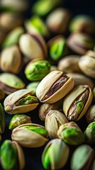 CloseUp of Fresh Pistachios in Shells, Some Opened on a Dark Background