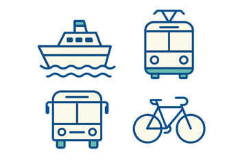 Various modes of transportation including boat, tram, bus, and bicycle depicted in simple illustrations