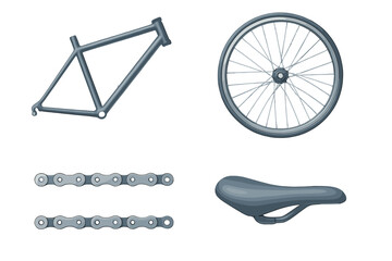 Bike parts displayed including a frame, wheel, chain links, and seat for assembly or repair purposes