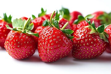 Closeup of Fresh, Juicy Strawberries with Green Stems on a White Background