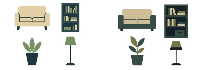 Interior design elements showcasing modern furniture in a simple living room setting with plants and bookshelves © icon_art