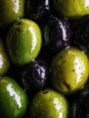 Obraz premium Ultra macro close up of green and black olives with glossy texture and natural details