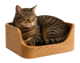 Tabby cat resting in a modern wooden cat bed.