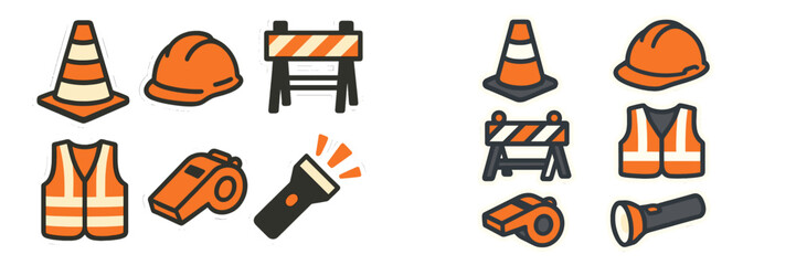 Construction safety gear and tools displayed together on a light background showcasing various items used in roadwork