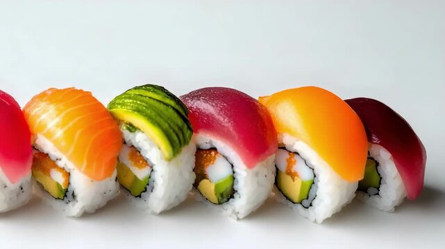 A row of assorted uramaki sushi rolls topped with slices of tuna, salmon, avocado and other fillings.