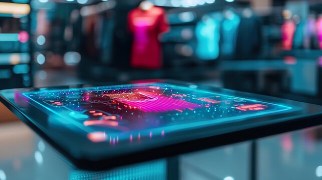 Holographic product display in a retail store, rotating 3D model, interactive shopping, futuristic merchandising. 