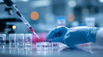 Scientist using pipette to transfer liquid into a multi well plate