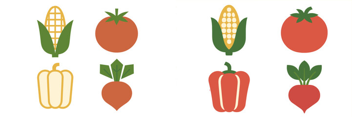 Illustration of fresh vegetables including corn, tomatoes, bell peppers, and radishes in a simple and colorful design