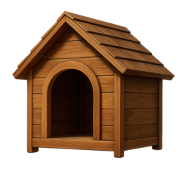 Wooden dog house with arched entrance.
