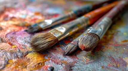 The vibrant paintbrushes resting on an artist's colorful palette