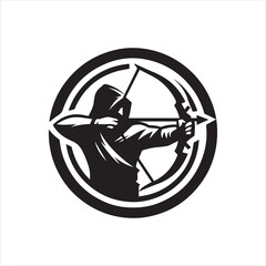 Hooded Archer Silhouette in Circular Frame Aiming Arrow with Precision.