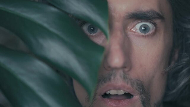 Monstera leaf madman shocked gaze of a young European man showing intense emotions of fear in a natural setting