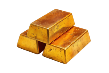 Three stacked golden bars in warm metallic tone with micro scratches, isolated on transparent background.
