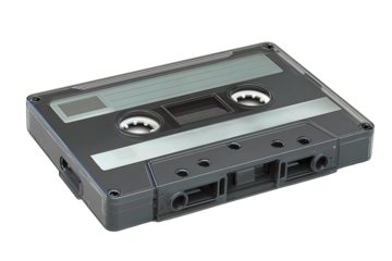 Classic cassette tape with translucent smoke window and subtle scuffs, isolated on transparent background.
