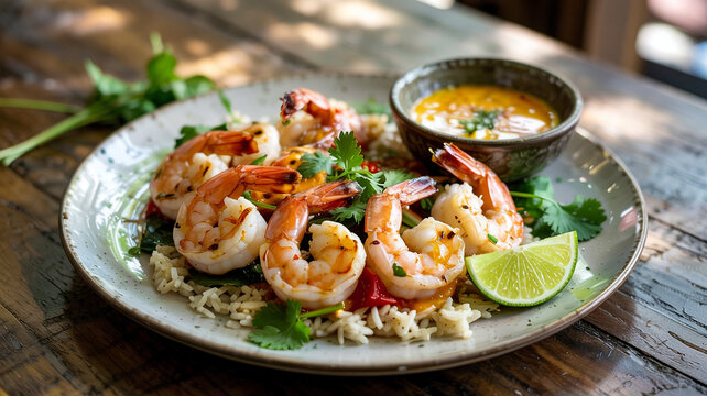 Grilled shrimp served on a bed of rice with a tangy ipping sauce