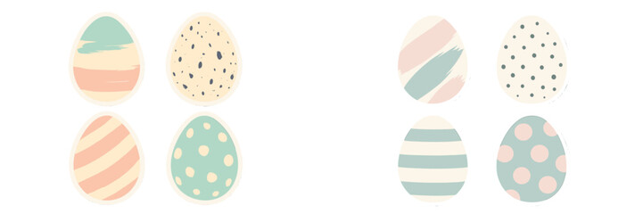 Colorful decorated Easter eggs in pastel shades arranged in pairs on a white background