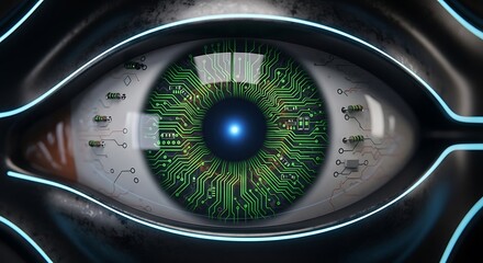 Cybernetic eye, futuristic vision, digital technology, artificial intelligence, advanced optics.