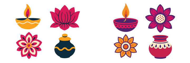 Colorful decorative designs of traditional lamps and flowers for festive celebrations in a vibrant artistic style